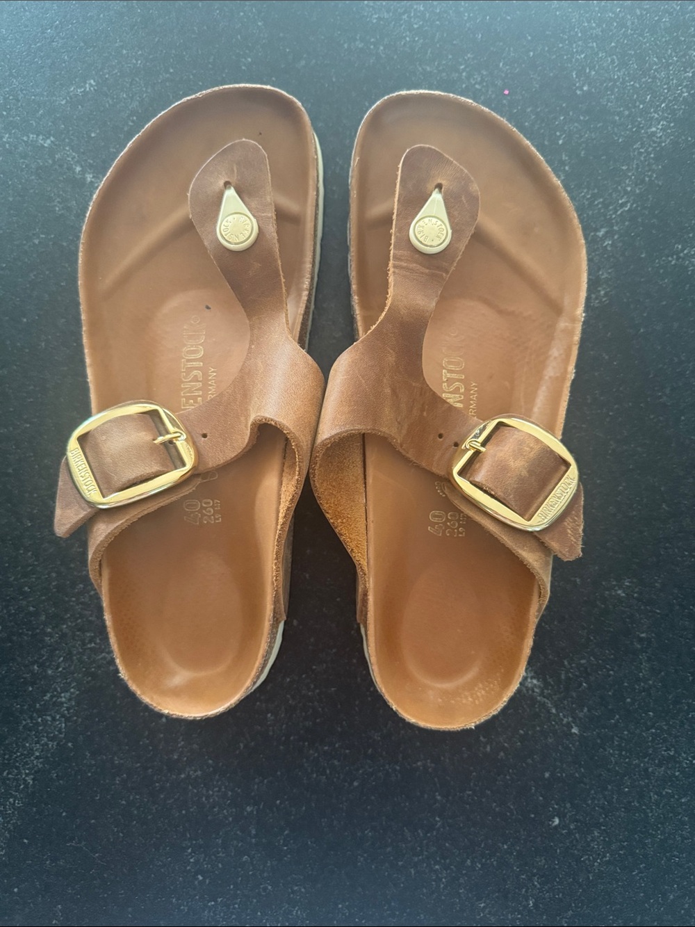 Birkenstock Brown Leather Thong Sandals with Gold Buckles